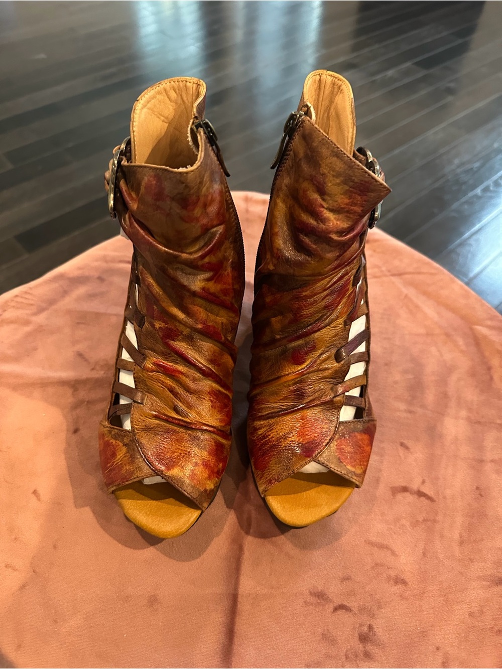 Ruched Multicolor Leather Open-Toe Heeled Sandals - Brown/Tan
